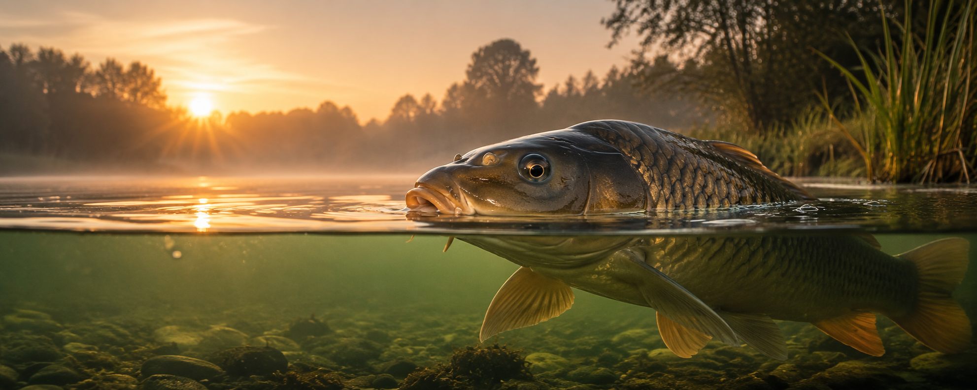 Carpe en rivière au lever du soleil